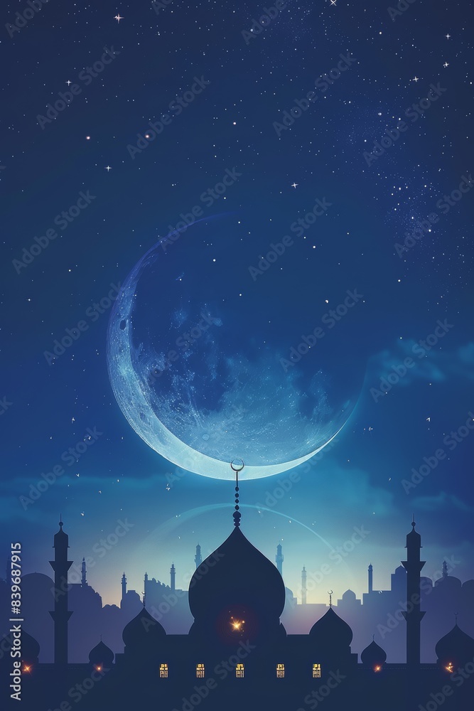 Naklejka premium Islamic background with the crescent moon and mosque silhouette