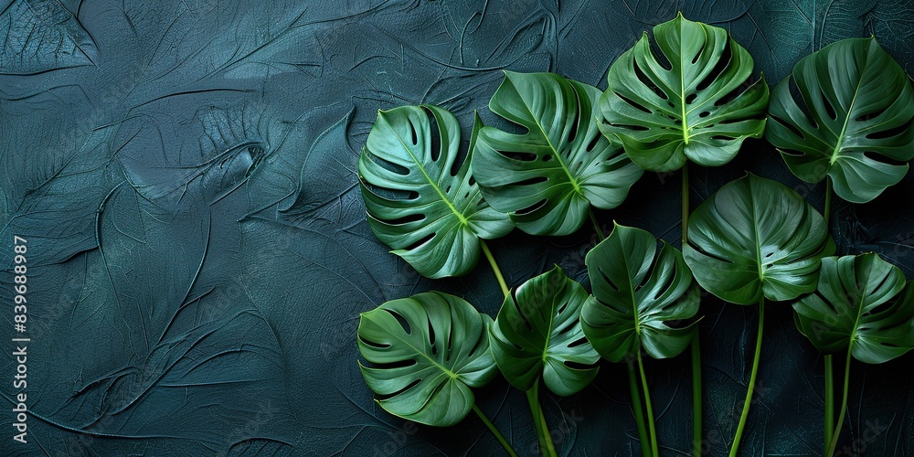 Green monstera leaves on plain dark background. Fashionable luxury background frame. High fashion trendy brand concept. Baner. Empty space.