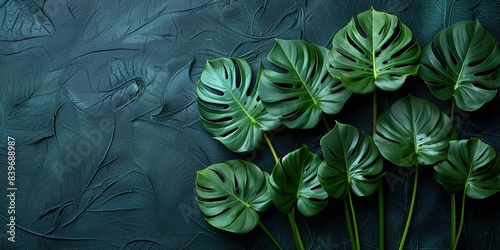 Obraz na płótnie Green monstera leaves on plain dark background. Fashionable luxury background frame. High fashion trendy brand concept. Baner. Empty space. w salonie