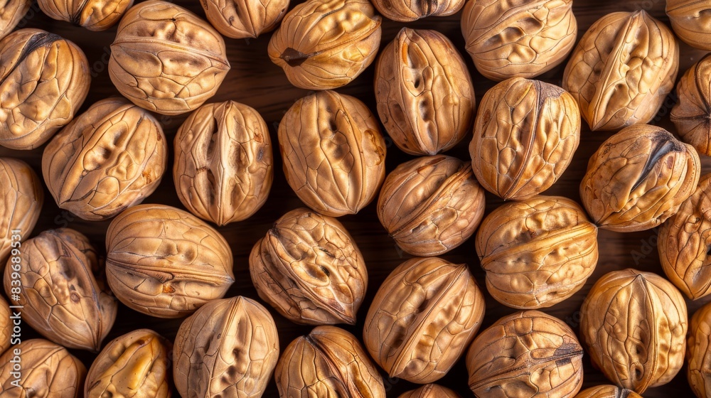 Close Up of Shelled Walnuts on a Wooden Surface