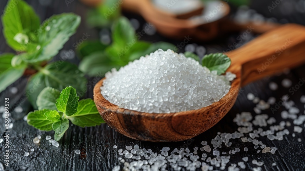 a wooden surface with a spoonful of stevia granules, promoting a healthy sweetener for diet-conscious meals a wooden surface with a spoonful of stevia granules, promoting a healthy sweetener for diet-conscious meals