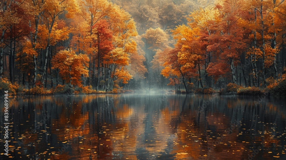 Fototapeta premium autumn lake scene, a peaceful lake enveloped by autumn trees with golden and red leaves, epitomizing the beauty of fall in the woods