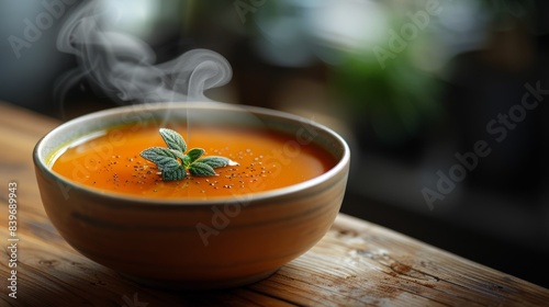food photography, a minimalist wooden table with a bowl of hot soup, ideal for showcasing text or designs against a simple backdrop photo