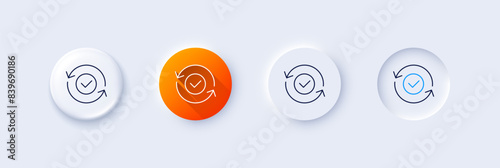 Security confirmed line icon. Neumorphic, Orange gradient, 3d pin buttons. All day cyber defence sign. Private protection symbol. Line icons. Neumorphic buttons with outline signs. Vector