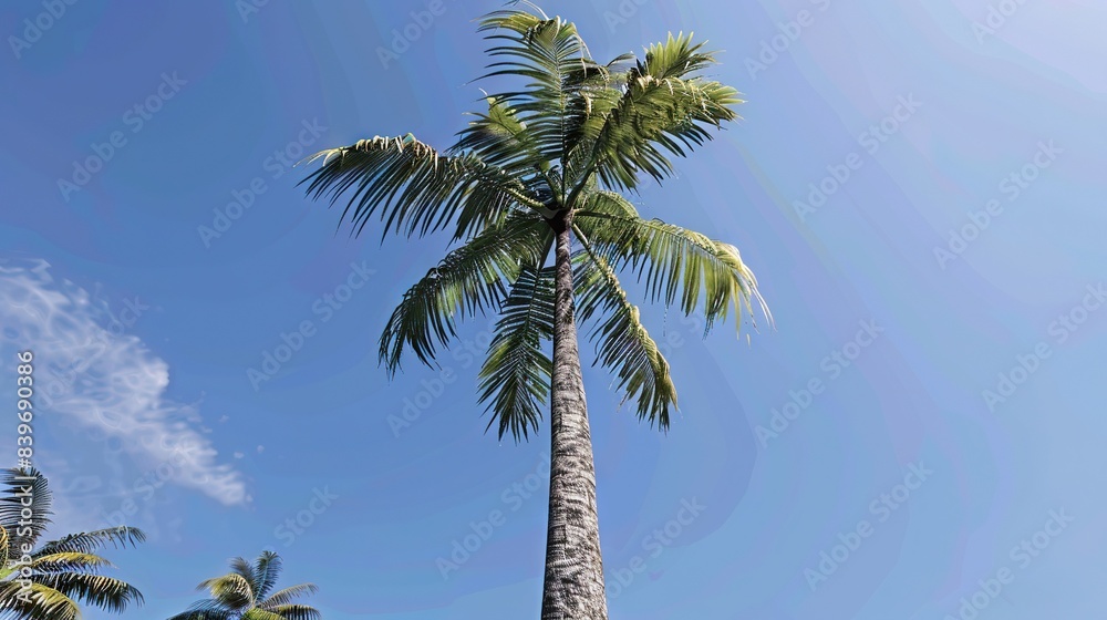 A vibrant palm tree against a bright blue sky on a sun-drenched day, with fluffy clouds as the serene background A vibrant palm tree against a bright blue sky on a sun-drenched day, with fluffy clouds as the serene background