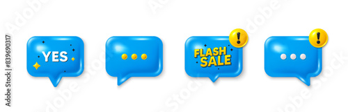 Offer speech bubble 3d icons. Yes text tag. Approved ok message. Done or Good deal symbol. Yes chat offer. Flash sale, danger alert. Text box balloon. Vector