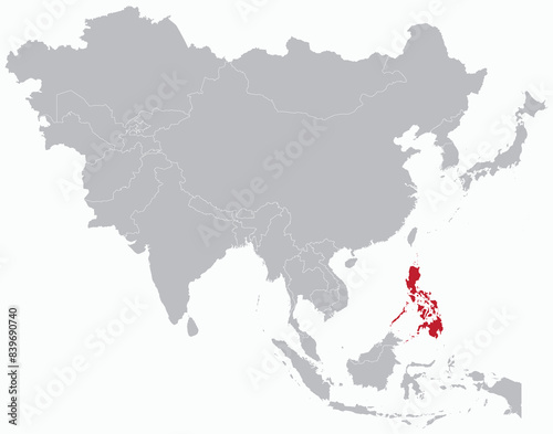 Highlighted red map of PHILIPPINES inside grey detailed blank political map of Asia on light blue background, without the Middle East and Russia
