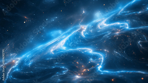  A vibrant and dynamic blue nebula-like formation. Swirling patterns of light and energy dominate the scene, with bright streaks and trails intertwining.