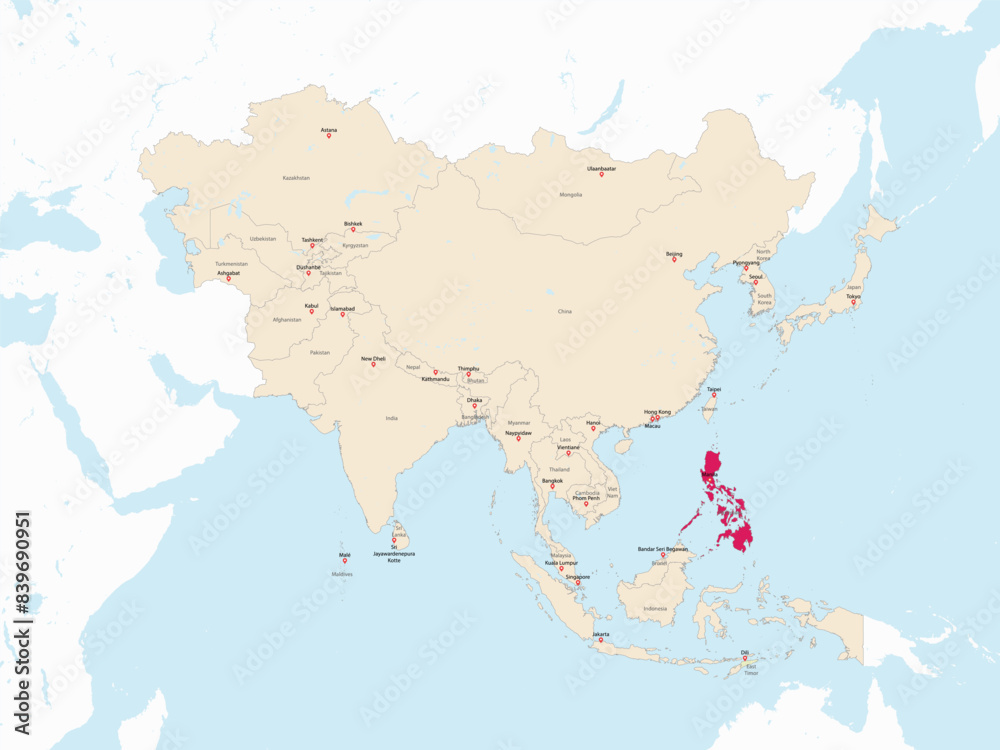 Obraz premium Highlighted red map of PHILIPPINES inside light red detailed political map of Asia using orthographic projection on white and blue background
