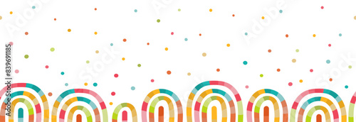 A vivid and artistic vector seamless border frame set against a white background. Colorful polka dots intermingle with whimsical warped figures, creating a playful and cheerful mood.