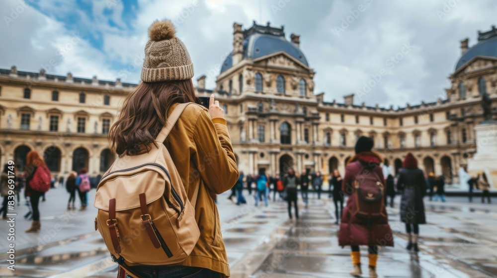 Obraz premium Tourist Taking Photo at Louvre Museum
