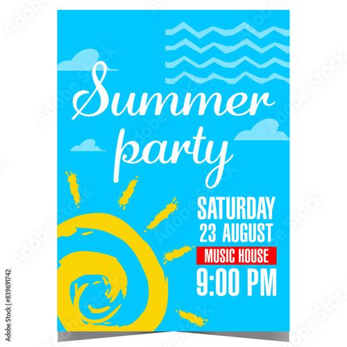 Summer party invitation banner or poster with hand drawn sun, clouds and sea waves. Flat vector illustration for summertime fun, tropical and exotic events on the sunshine beach during vacation.