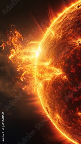 Intense solar activity with bright fiery explosions and powerful magnetic storms on the sun. Highlights the energetic processes and solar dynamics