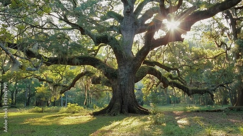  A large oak tree's branches let the sun shine onto a grassy field with surrounding trees in view