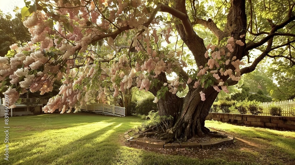 A large tree with pink flowers stands in the grassy field before a white picket fence A large tree with pink flowers stands in the grassy field before a white picket fence