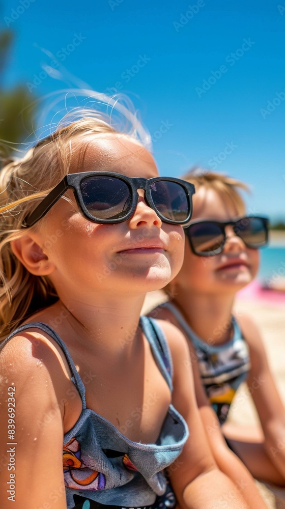Two little girls wearing sunglasses sitting on the beach. Generative AI. Two little girls wearing sunglasses sitting on the beach. Generative AI.