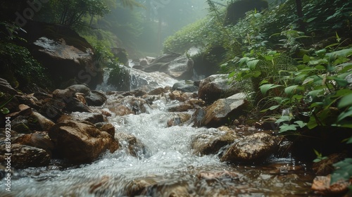Tranquil mountain stream with stones and rising mist, highlighting the beauty of natural landscapes. Great for themes of nature and serenity © JP STUDIO LAB