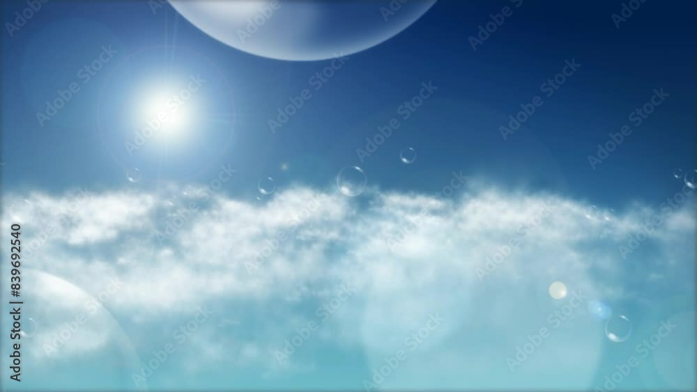 Bubbles floating in blue sky as wallpaper, decor and background. Abstract motion concept for freedom, fun and entertainment. Happy invitation with clouds, movement and reflection