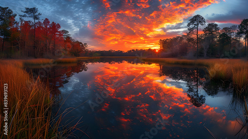 A nature swamp during sunset, the sky ablaze with colors, and the water reflecting the hues