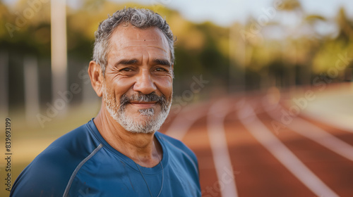 Retrato de um homem de meia idade sorrindo em uma pista de corrida