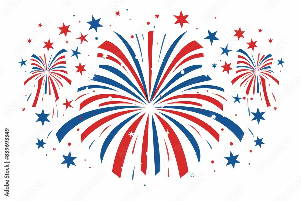 red white and blue firework with stars on pure white background, simple shapes, bold lines Generative AI red white and blue firework with stars on pure white background, simple shapes, bold lines Generative AI