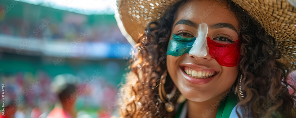 Happy Mexican female supporter with face painted in Mexican flag colors, Mexican fan at a sports event such as football, soccer or rugby match, blurry stadium background
Happy Mexican female supporter with face painted in Mexican flag colors, Mexican fan at a sports event such as football, soccer or rugby match, blurry stadium background