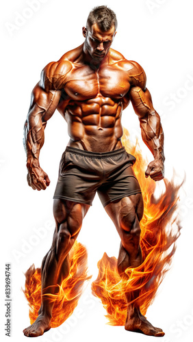 Muscular Bodybuilder with Fiery Aura, Fitness Motivation and Strength Concept cut out png on transparent background