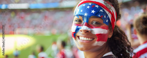 Happy US American female supporter with face painted in US American flag colors, US American fan at a sports event such as football, soccer or rugby match, blurry stadium background

