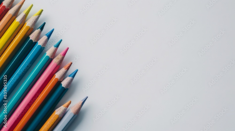 colorful pencils on a white background, copy space, place for text, creative ideas, art school, hobby, passion, education colorful pencils on a white background, copy space, place for text, creative ideas, art school, hobby, passion, education
