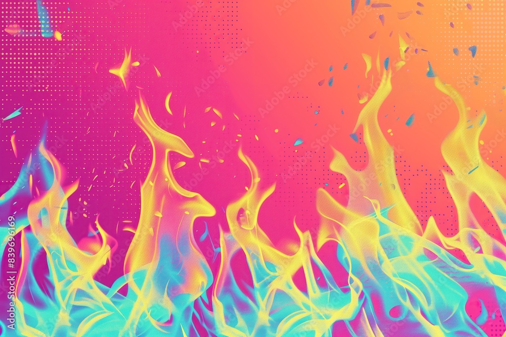 Obraz premium abstract vibrant digitally fire flames with gradient of pink orange yellow hues against dotted background