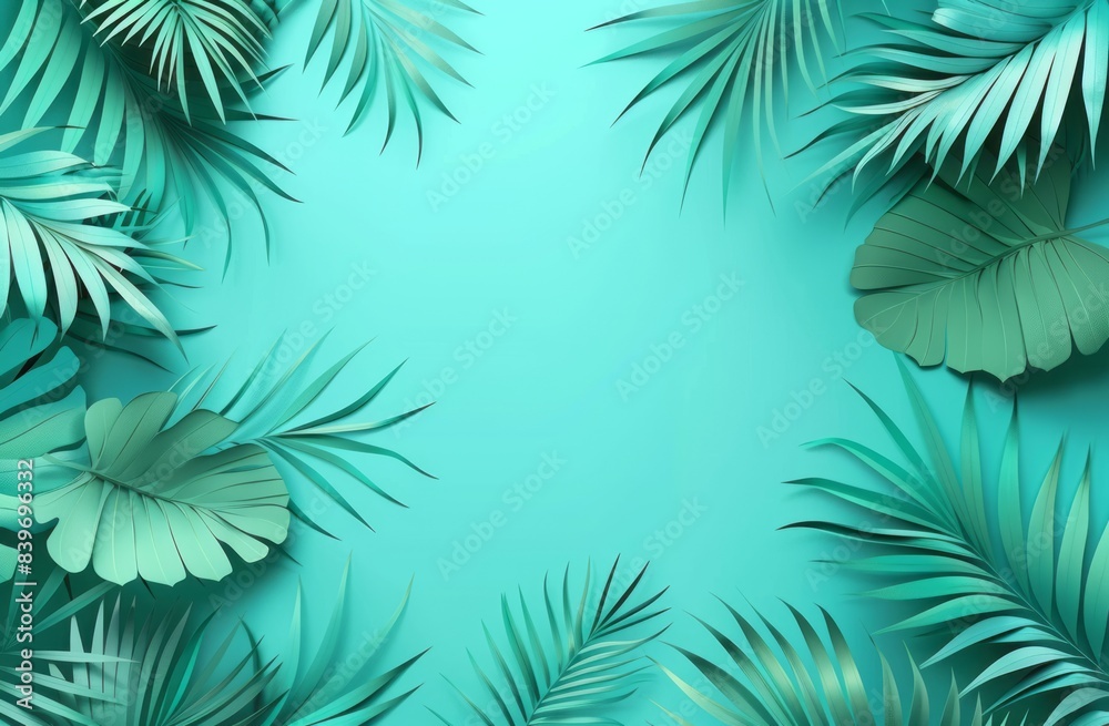 Beautiful palm leaves on a turquoise background with copy space for text, banner design Beautiful palm leaves on a turquoise background with copy space for text, banner design