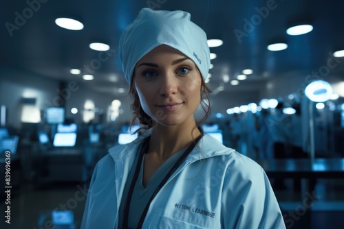 A nurse in a medical cap and uniform in the hospital corridor.