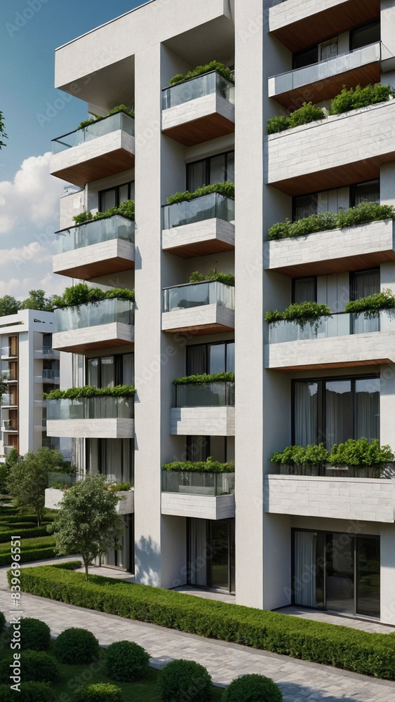 A modern residential complex with multiple white and grey apartment buildings featuring balconies A modern residential complex with multiple white and grey apartment buildings featuring balconies
