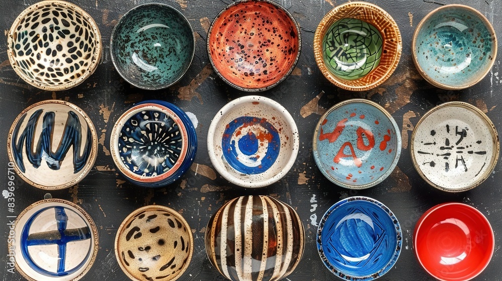 Bowls aligned on wooden table top next to each other on top of wooden table Bowls aligned on wooden table top next to each other on top of wooden table