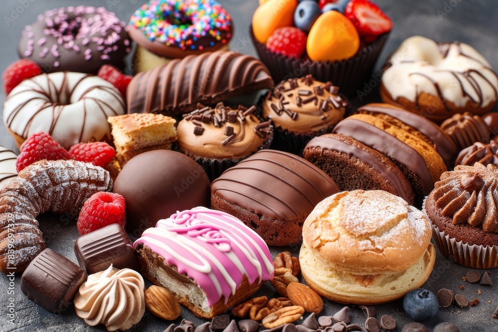 Assorted chocolate truffles and sweets on a dark background, showcasing a decadent and indulgent dessert selection Assorted chocolate truffles and sweets on a dark background, showcasing a decadent and indulgent dessert selection