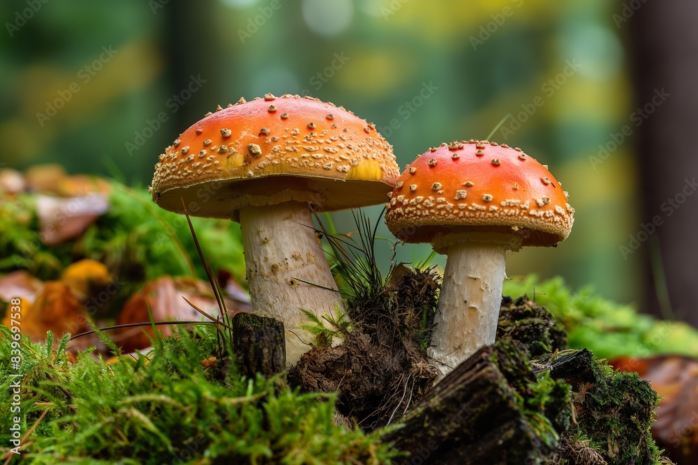 Two red and white mushrooms grow together on a bed of moss in the forest. Two red and white mushrooms grow together on a bed of moss in the forest.
