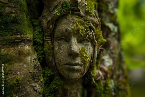 A close-up view of a tree bark face covered in moss, suggesting a mystical connection to nature. © Joaquin Corbalan