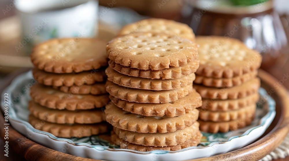 A close-up of a plate of cookies with a cup of tea in the background A close-up of a plate of cookies with a cup of tea in the background