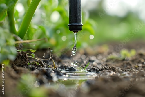 A close-up view of a drip irrigation system, showing water droplets falling from a rubber tube onto the soil. photo