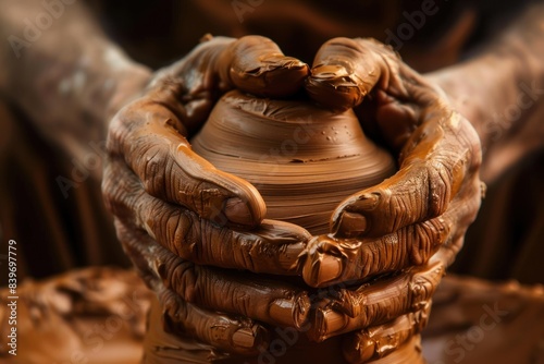 The hands of the artisan shape the clay pot with precision in a close-up view in the workshop.