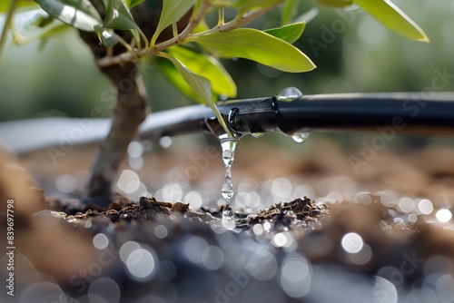 Close-up of a black plastic irrigation dripper watering a young plant. photo