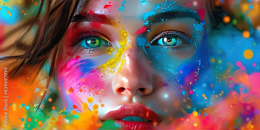 Beautiful girl, explosion of colorful paint on her face