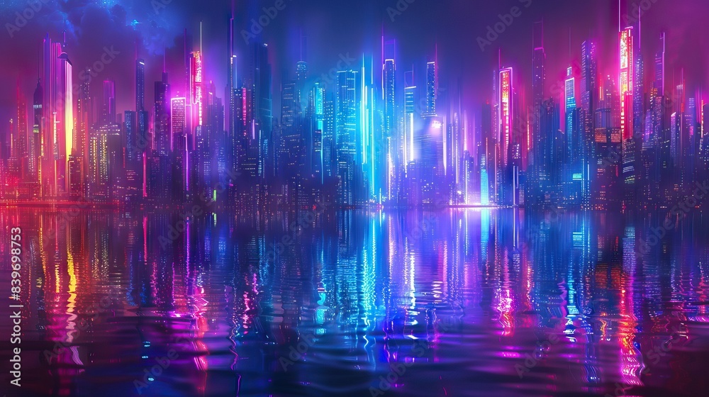 Futuristic city. Concept Art. Cityscape at night with bright neon lights. 3D illustration. AI generated illustration