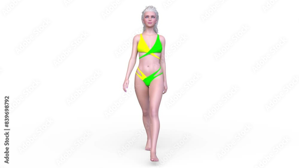 歩くビキニ姿の女性　3DCGレンダリング