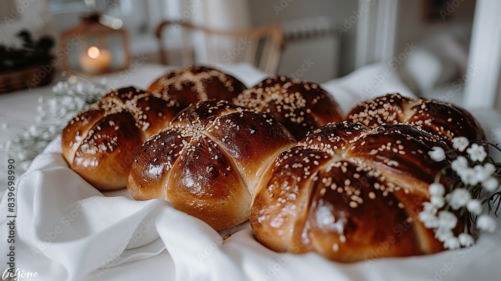 A white cloth holds a basket of baby's breath flowers with a group of hot cross buns nearby A white cloth holds a basket of baby's breath flowers with a group of hot cross buns nearby