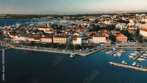 Biograd na Moru, aerial above view of luxury yachts and ships in port, waterfront historic buildings of Old Town. Beautiful destination for travel on Adriatic Sea coast, Dalmatia region of Croatia
