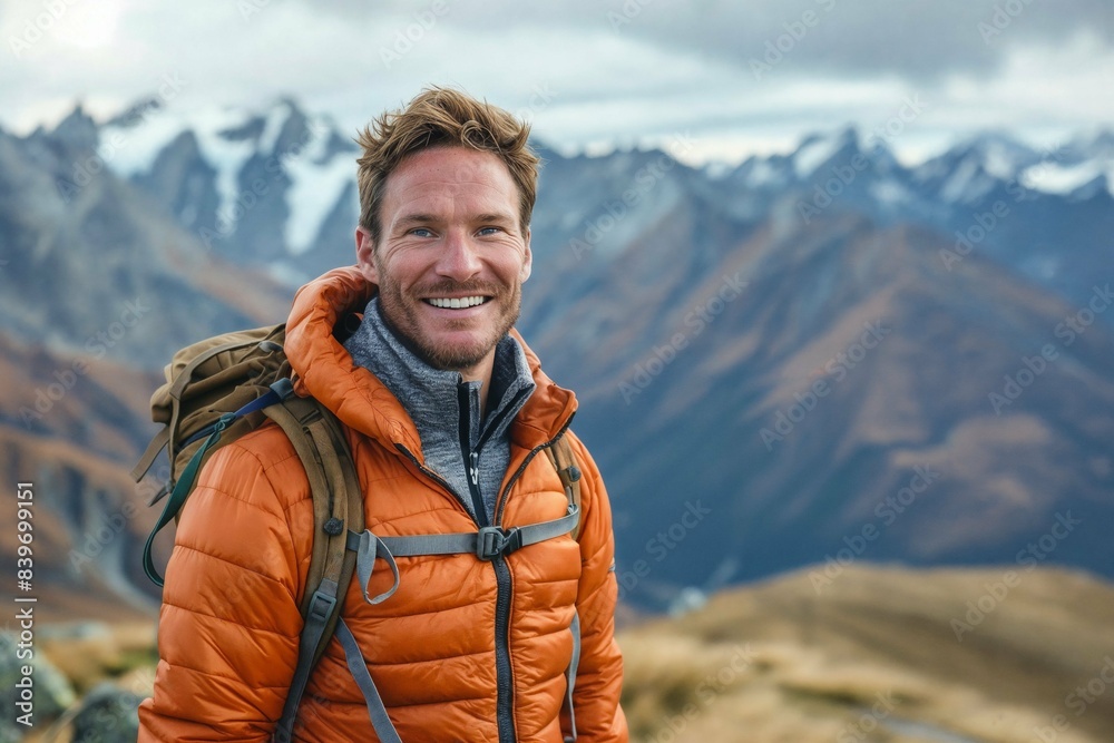 Naklejka premium Smiling Man in Orange Puffy Jacket Hiking on Mountain Top with Dramatic Sky and Scenic Background