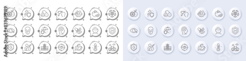 Mint tea, Bike and Electronic thermometer line icons. White pin 3d buttons, chat bubbles icons. Pack of Improving safety, Salad, Hospital building icon. Vector