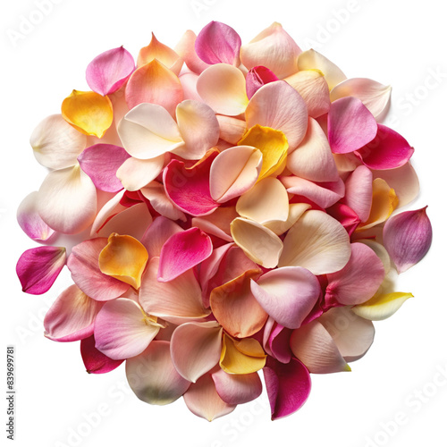 Vibrant Mix of Colorful Rose Petals in a Circular Arrangement, cut out isolated PNG transparent