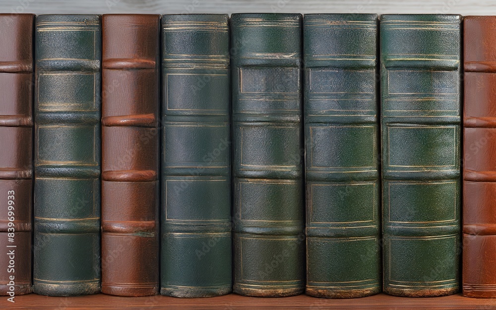 Old book volumes in row. Home library bookshelf. Old book volumes in row. Home library bookshelf.